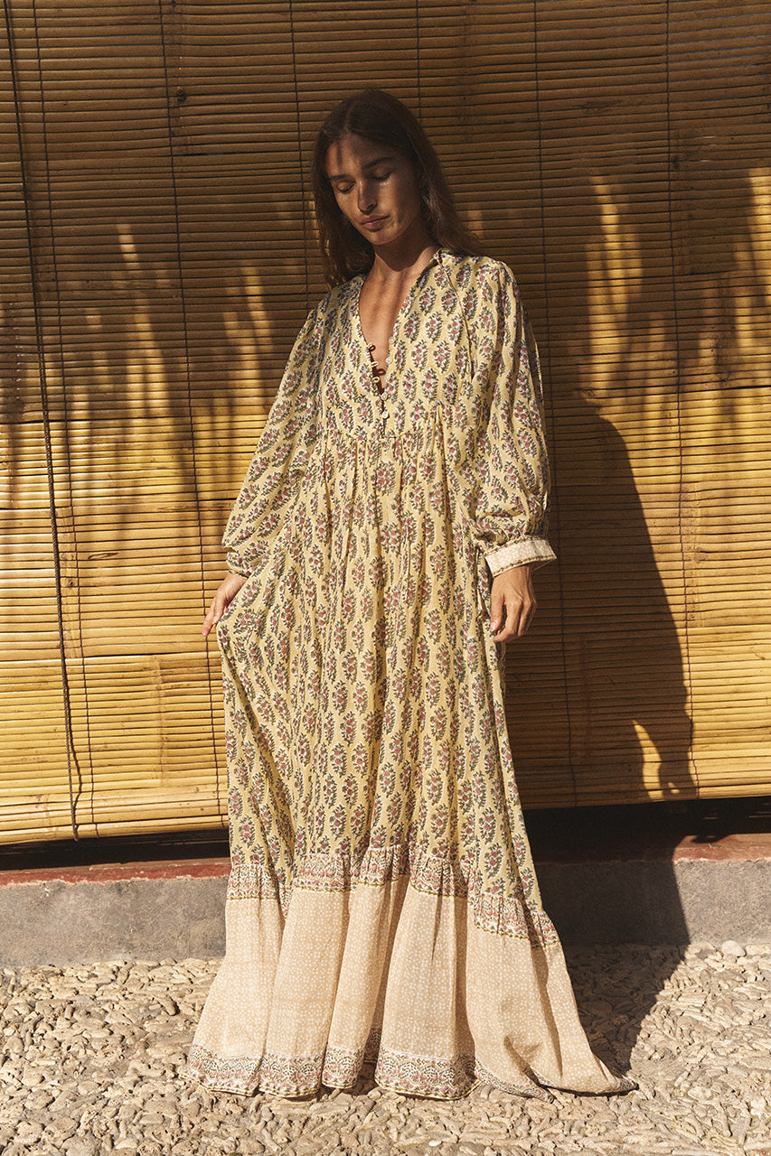 chinese dress ladies Bhoomi | Maxi Dress | Meadow Green Floral - Boho Relaxed Fit Gauze Cotton