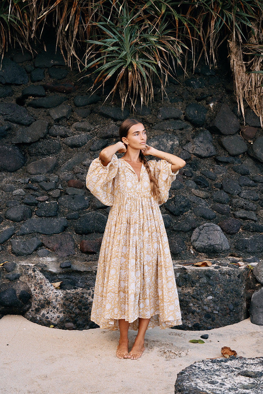 Kyra | Midi Dress | Cumin Earthy Yellow Floral - Boho Relaxed Fit Gauze Cotton