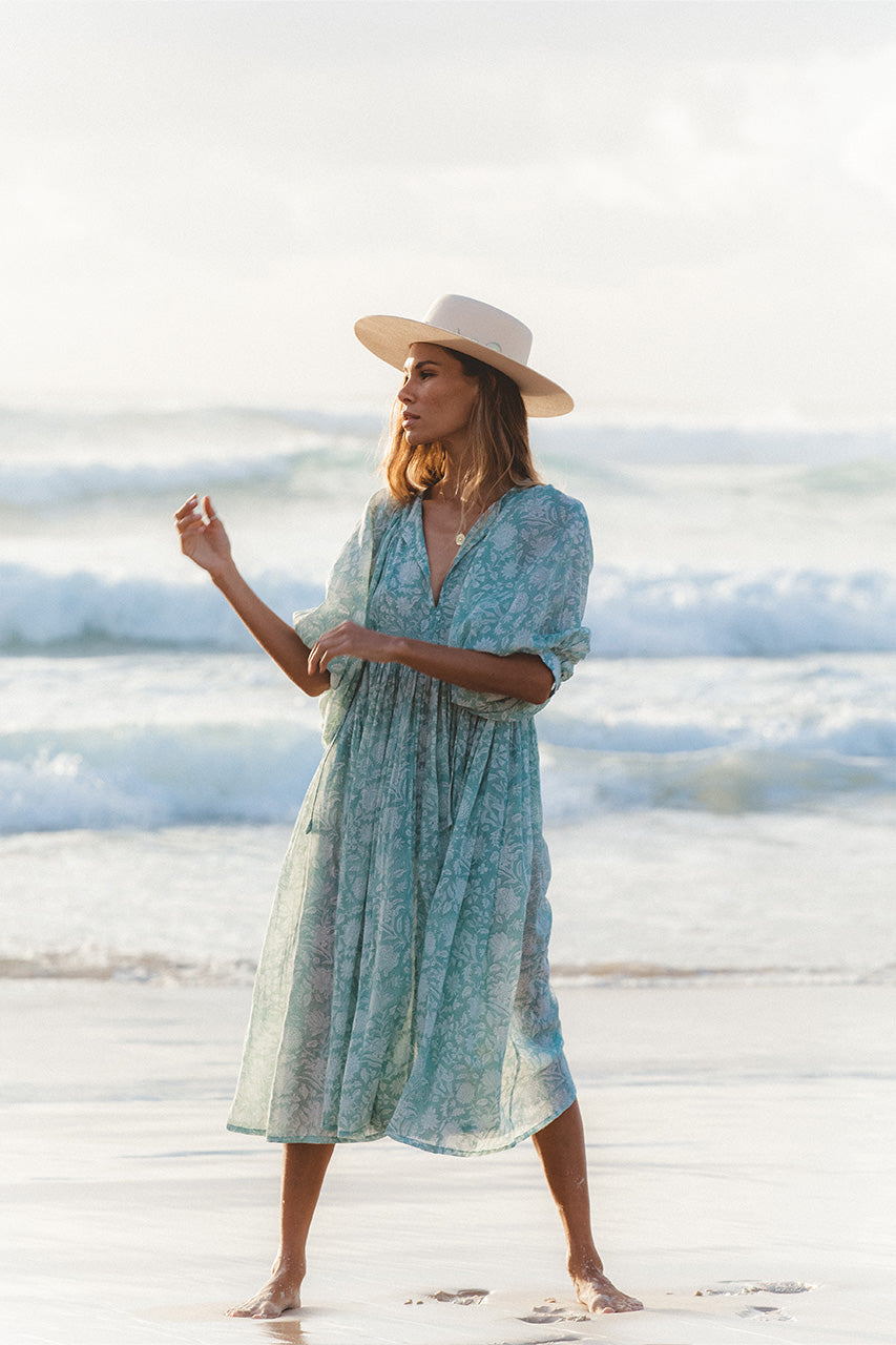 Kyra | Midi Dress | Jade - Boho Balloon Sleeve Gauze Cotton | Daughters of India Kyra | Midi Dress | Jade - Boho Balloon Sleeve Gauze Cotton | Daughters of India
