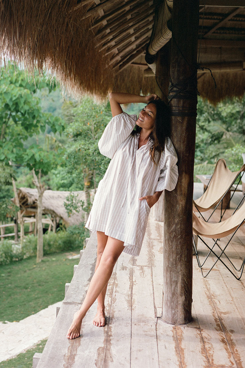 Poet | Mini Dress | Vanilla Floral - Boho Relaxed Fit Billow-Sleeved Gauze Cotton
