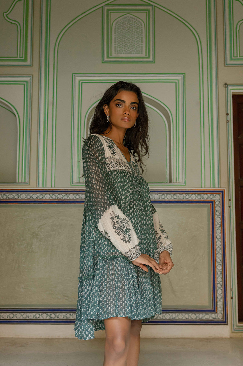 Rooh Mini Dress ~ Pine | Hand Block Printed Boho Mini Dress DOI Rooh Mini Dress ~ Pine | Hand Block Printed Boho Mini Dress DOI