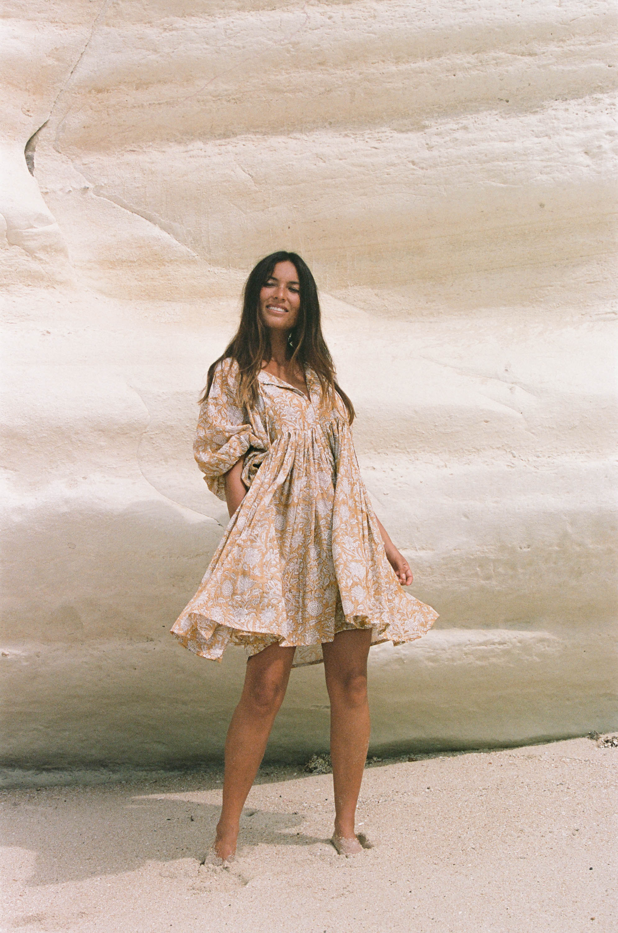 Kyra | Mini Dress | Cumin - Boho Balloon Sleeve Gauze Cotton Kyra | Mini Dress | Cumin - Boho Balloon Sleeve Gauze Cotton