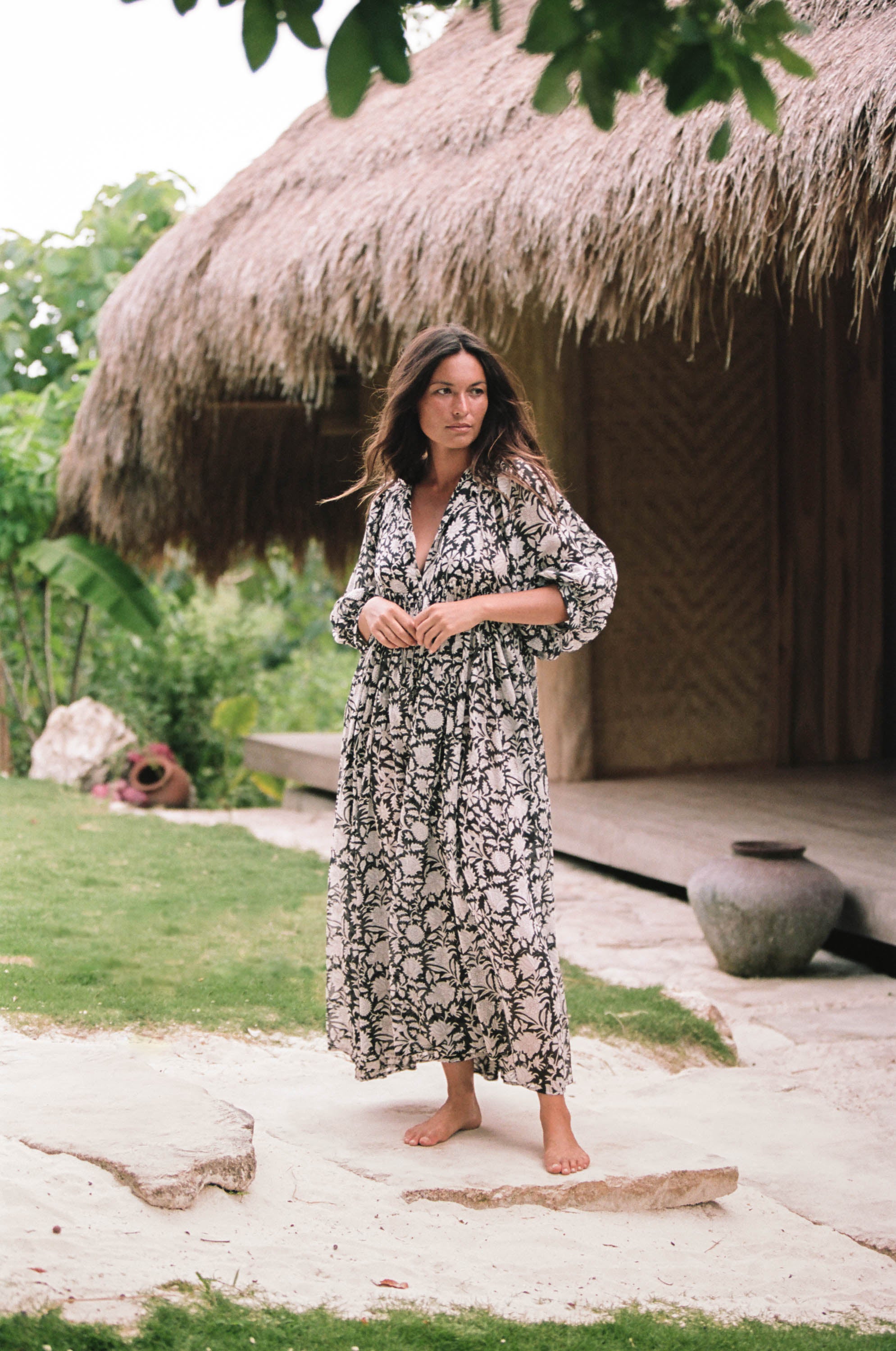 Kyra | Midi Dress | Pepper Floral - Boho Relaxed Fit Balloon-Sleeved Gauze Cotton | Daughters of India Kyra | Midi Dress | Pepper Floral - Boho Relaxed Fit Balloon-Sleeved Gauze Cotton | Daughters of India
