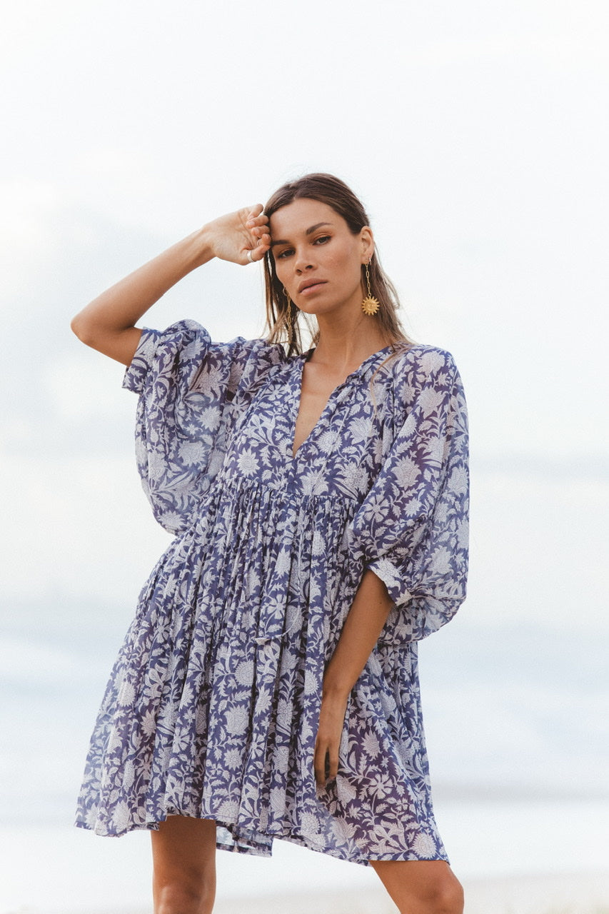 Kyra | Mini Dress | Blue Iris Floral - Boho Relaxed Fit Gauze Cotton Kyra | Mini Dress | Blue Iris Floral - Boho Relaxed Fit Gauze Cotton