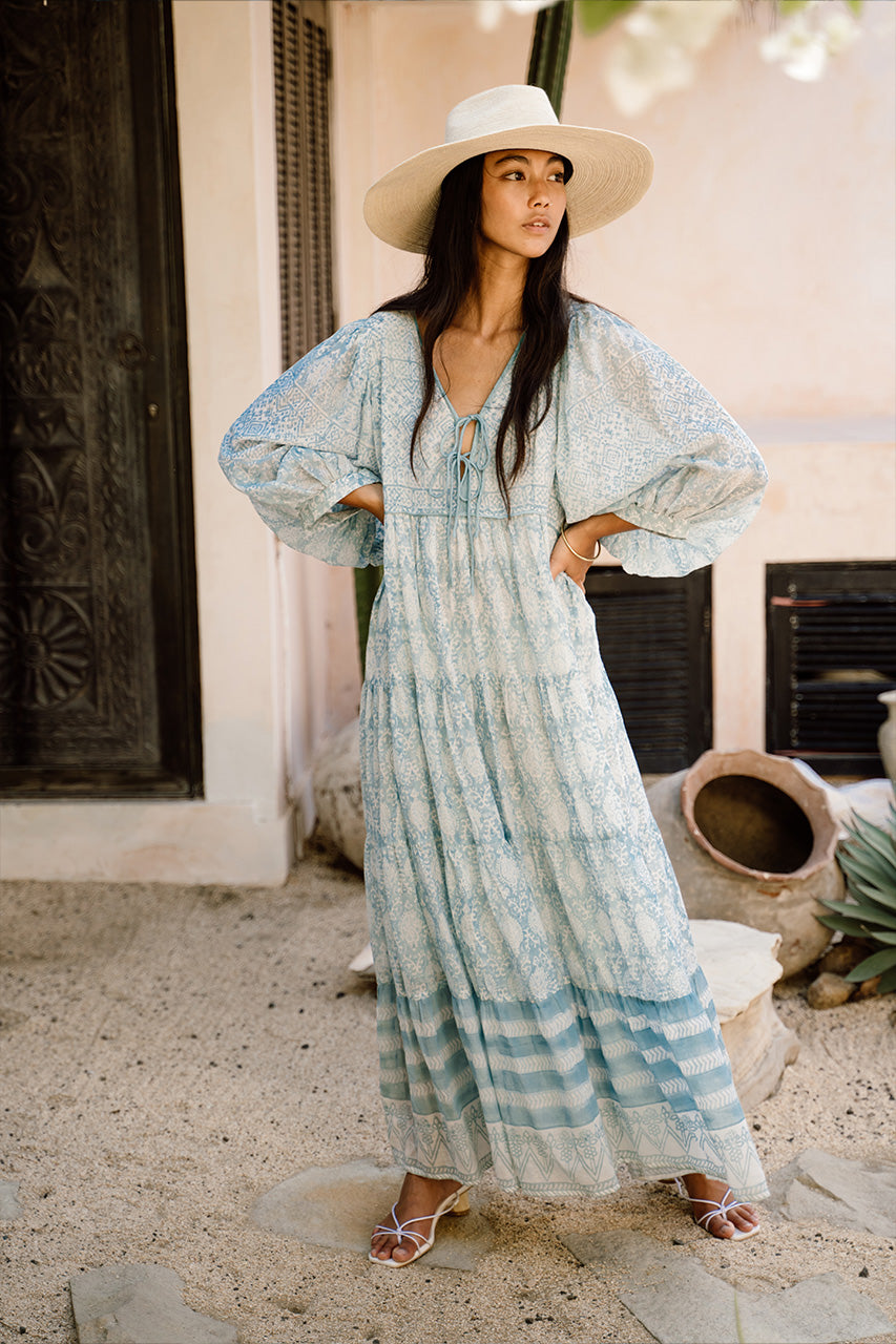 Maxi Dress Long Indian Style Dresses Jasmine Maxi Dress Sea Mist Artisan Handcrafted Block Print Maxi Dress Long Indian Style Dresses Jasmine Maxi Dress Sea Mist Artisan Handcrafted Block Print