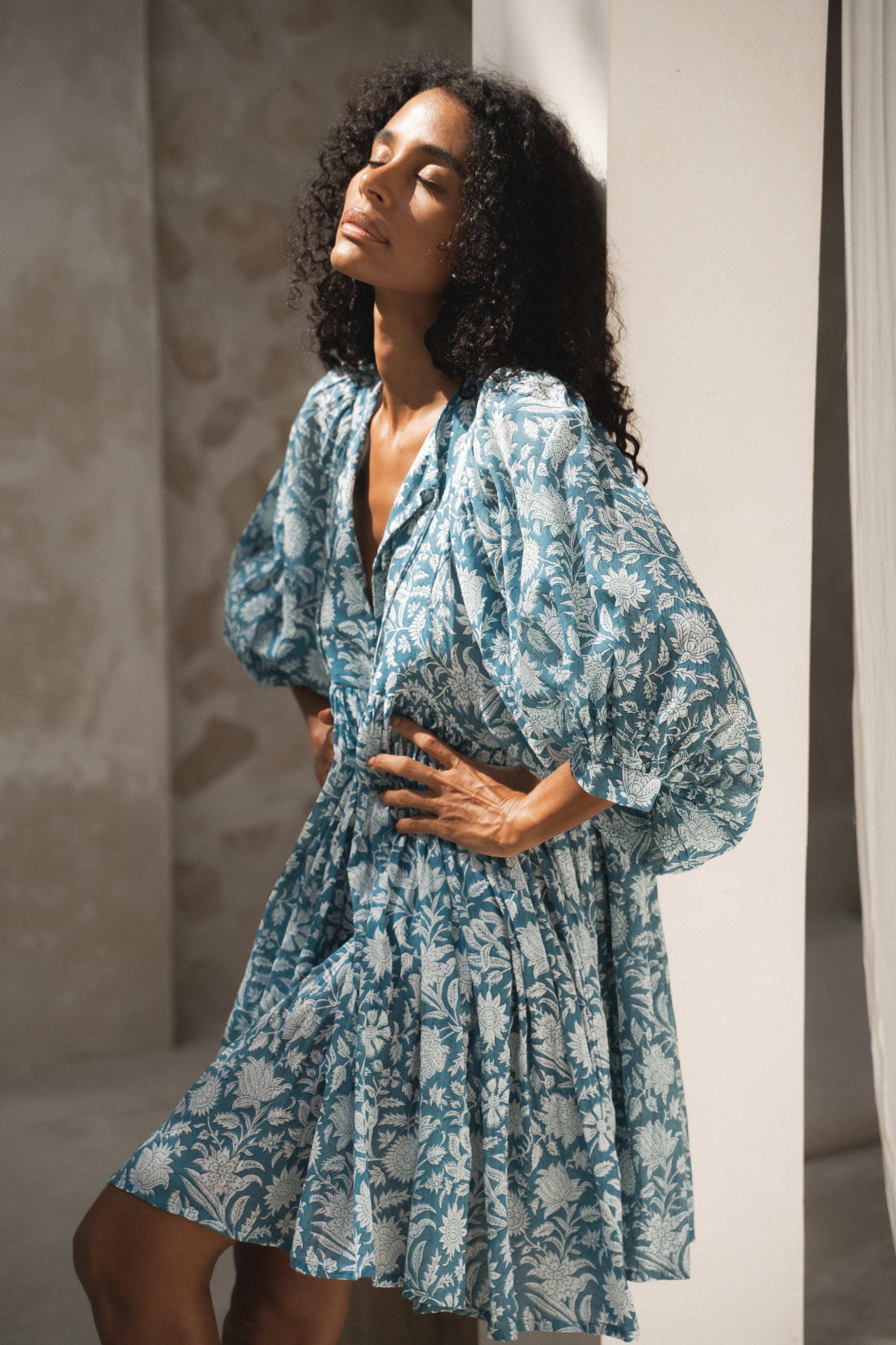 daughters of india blue dress Kyra | Midi Dress | Jade - Boho Balloon Sleeve Gauze Cotton