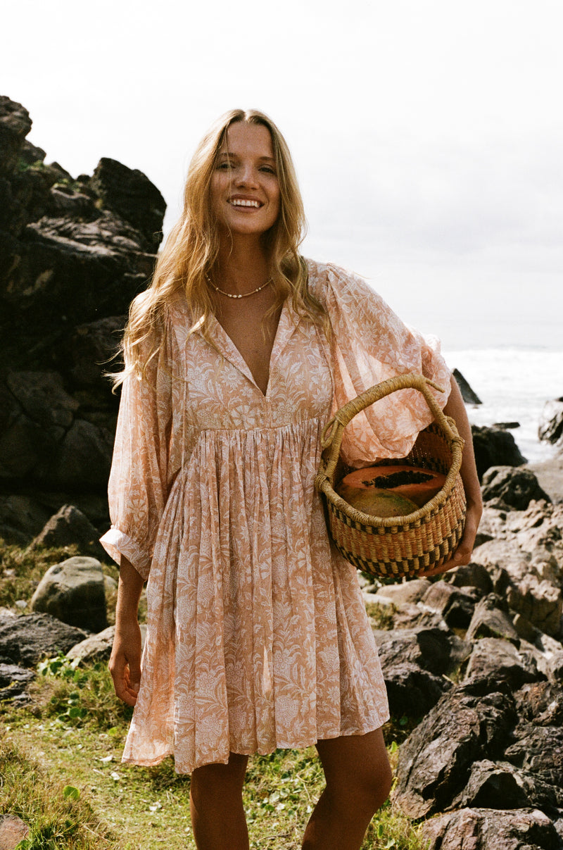 Kyra Mini Dress ~ Apricot Blush | | Hand Block Printed Cotton Dress – DOI