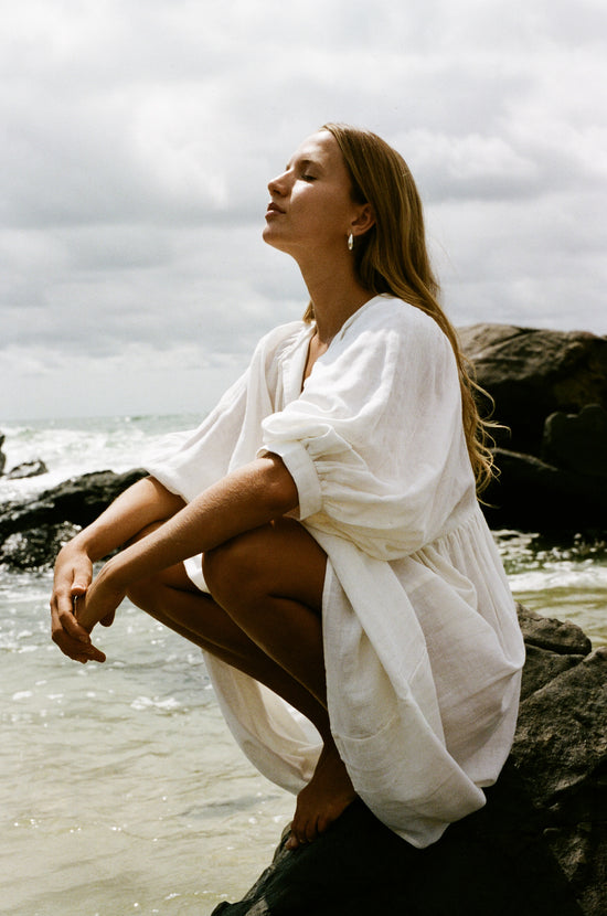 Kyra | Midi Dress | White Gauze - Boho Balloon Sleeve Gauze Cotton | Daughters of India Kyra | Midi Dress | White Gauze - Boho Balloon Sleeve Gauze Cotton | Daughters of India