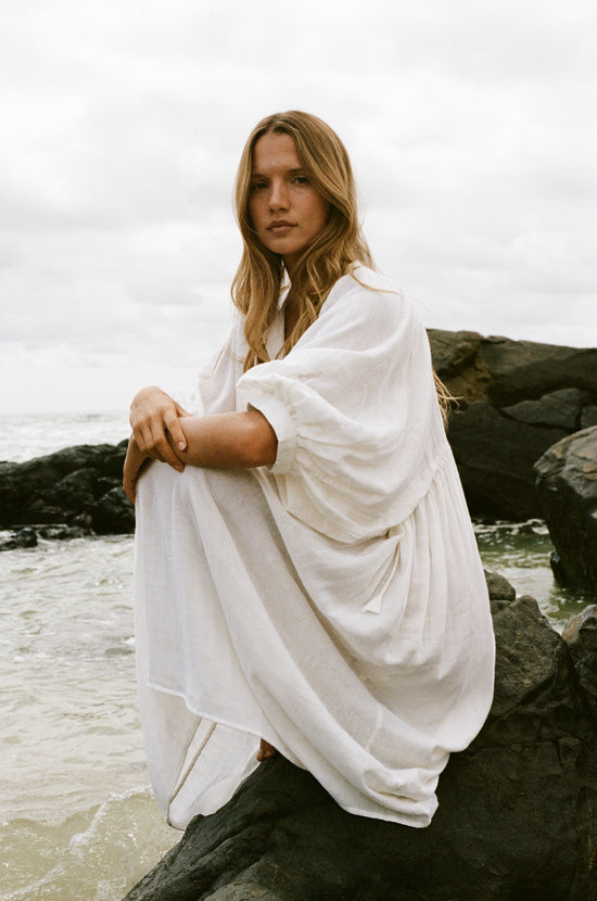 Kyra | Midi Dress | White Gauze - Boho Balloon Sleeve Gauze Cotton Kyra | Midi Dress | White Gauze - Boho Balloon Sleeve Gauze Cotton