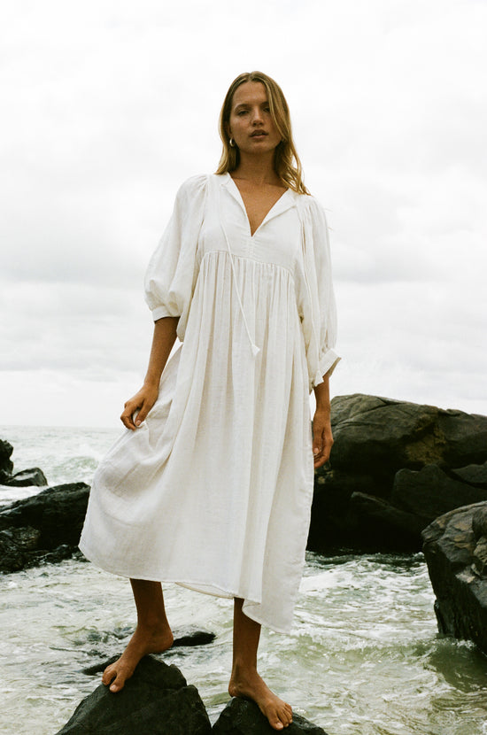 Kyra | Midi Dress | White Gauze - Boho Balloon Sleeve Gauze Cotton | Daughters of India Kyra | Midi Dress | White Gauze - Boho Balloon Sleeve Gauze Cotton | Daughters of India