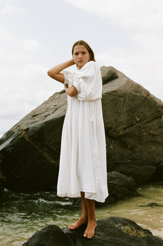 Kyra | Midi Dress | White Gauze - Boho Balloon Sleeve Gauze Cotton | Daughters of India Kyra | Midi Dress | White Gauze - Boho Balloon Sleeve Gauze Cotton | Daughters of India