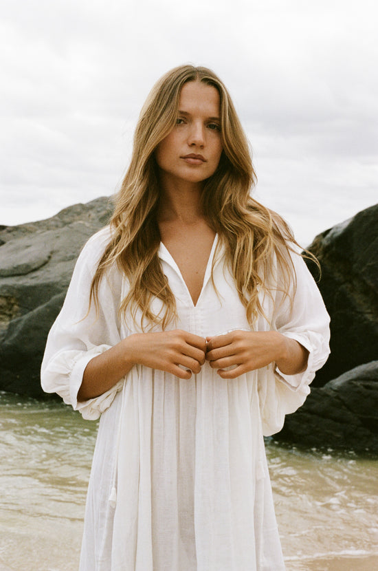 Kyra | Midi Dress | White Gauze - Boho Balloon Sleeve Gauze Cotton | Daughters of India Kyra | Midi Dress | White Gauze - Boho Balloon Sleeve Gauze Cotton | Daughters of India