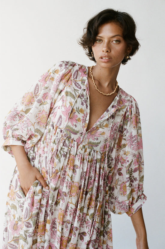 Kyra | Maxi Dress | Fuchsia Bloom Pink Floral - Boho Relaxed Fit Balloon-Sleeved Gauze Cotton | Daughters of India Kyra | Maxi Dress | Fuchsia Bloom Pink Floral - Boho Relaxed Fit Balloon-Sleeved Gauze Cotton | Daughters of India