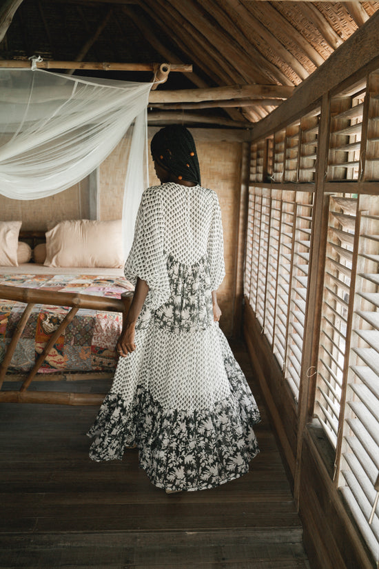 handmade maxi dress Nora | Maxi Dress | Noir Black Floral - Boho Handcrafted Gauze Cotton