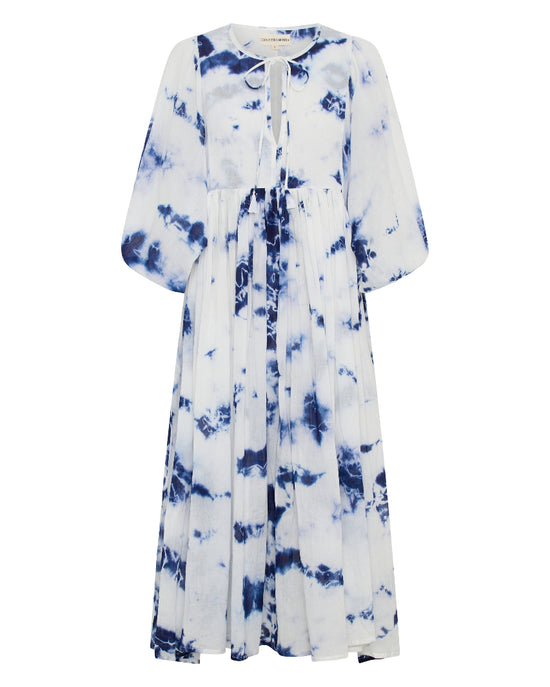 Kyra | Midi Dress | Deep Sea Floral - Boho Relaxed Fit Balloon-Sleeved Gauze Cotton | Daughters of India