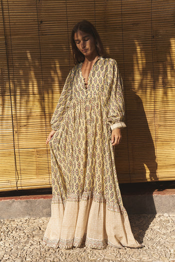 daughters of india dresses Kyra | Midi Dress | Cumin - Boho Balloon Sleeve Gauze Cotton framed by cute billowed sleeves with a sweet ruffle trim Daughters of India | Hand