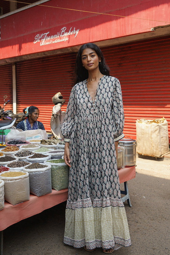 Bhoomi | Maxi Dress | Onyx Black Floral - Boho Relaxed Fit Cotton Gauze