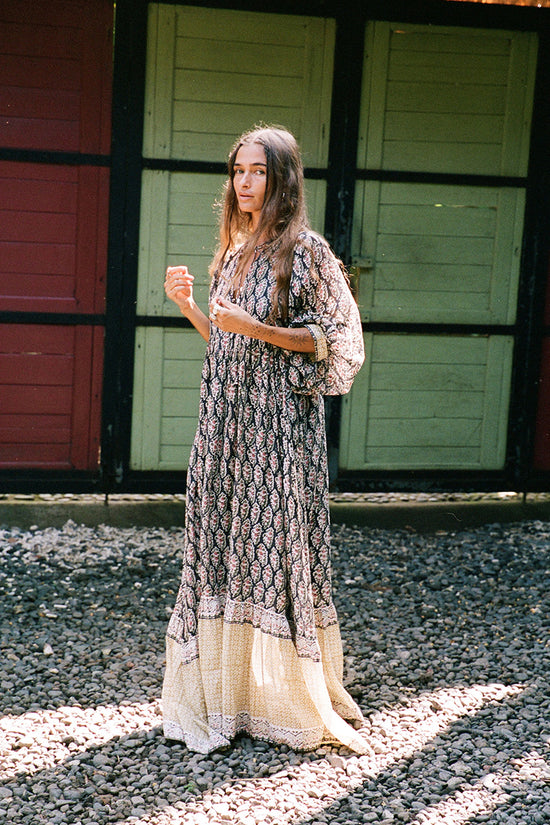 Bhoomi Maxi Dress ~ Onyx | Block Print Boho Tiered Maxi Dress DOI Bhoomi Maxi Dress ~ Onyx | Block Print Boho Tiered Maxi Dress DOI