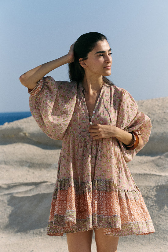 Bhoomi Mini Dress ~ Sunset | Boho Block Print Cotton Mini Dress DOI Bhoomi Mini Dress ~ Sunset | Boho Block Print Cotton Mini Dress DOI