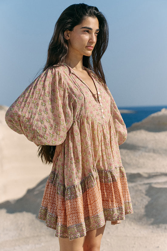 Bhoomi | Mini Dress | Sunset Floral - Boho Relaxed Fit Billow-Sleeved Gauze Cotton | Daughters of India Bhoomi | Mini Dress | Sunset Floral - Boho Relaxed Fit Billow-Sleeved Gauze Cotton | Daughters of India