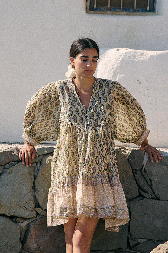 Bhoomi | Mini Dress | Meadow - Boho Blouson Sleeve Floral Cotton