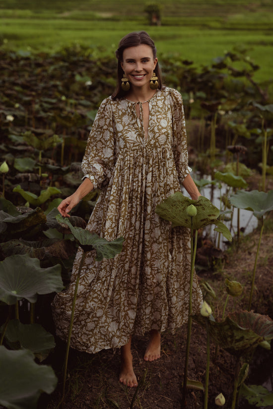 Kyra Maxi Dress ~ Olive | Hand Block Printed with Purpose DOI Kyra Maxi Dress ~ Olive | Hand Block Printed with Purpose DOI