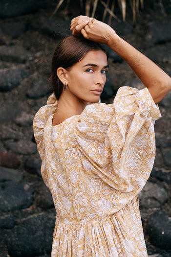 kyra midi dress daughters of india Kyra | Midi Dress | Sumac - Boho Balloon Sleeve Gauze Cotton