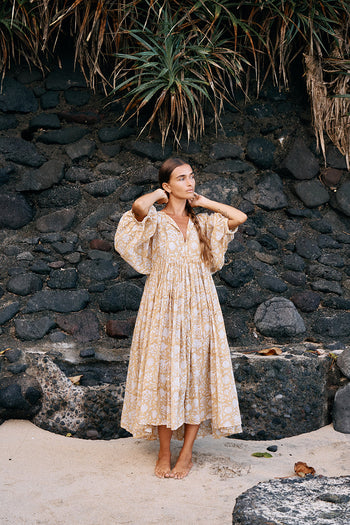 daughters of india kyra midi dress Kyra | Midi Dress | Jade - Boho Balloon Sleeve Gauze Cotton