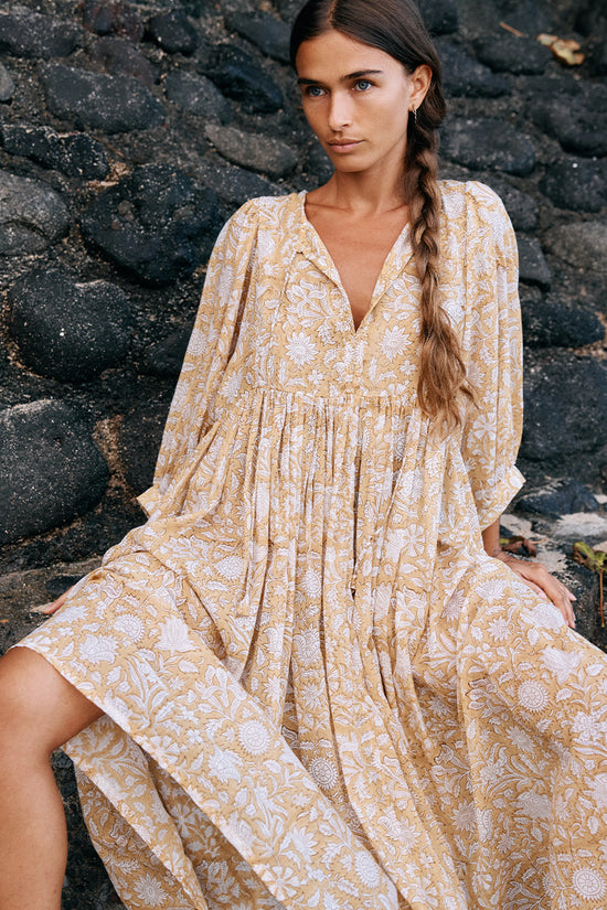 Kyra | Midi Dress | Cumin Earthy Yellow Floral - Boho Relaxed Fit Gauze Cotton