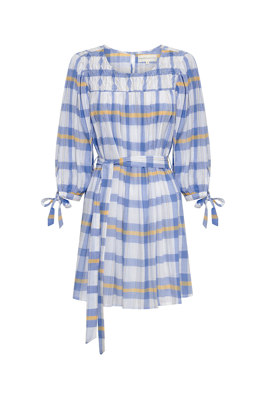 Freya Dress Periwinkle Blue Plaid — ghost flat lay on white showing full silhouette, smocked neckline, waist belt and cuff ties, handloom woven periwinkle blue and yellow plaid, artisan mini dress | Daughters of India