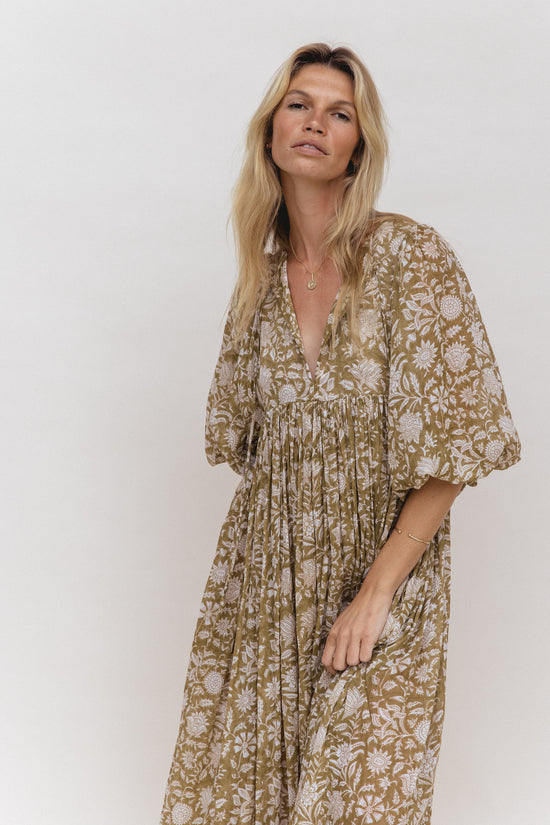 daughters of india maxi dress Kyra | Maxi Dress | Olive Floral - Boho Relaxed Fit Balloon-Sleeved Gauze Cotton