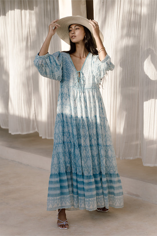 Jasmine Maxi Dress Sea Mist — ghost flat lay on white, full silhouette with V-neckline tie yoke, tiered skirt with border hem, hand block print sea mist blue-green cotton maxi, Jaipur artisan crafted | Daughters of India