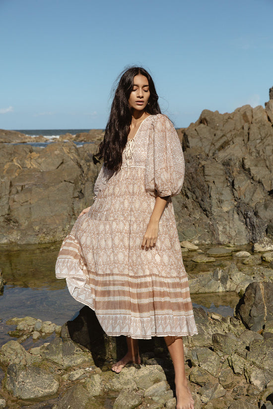 Jasmine | Midi Dress | Shell Cream Floral - Boho Relaxed Fit Billow-Sleeved Gauze Cotton Jasmine | Midi Dress | Shell Cream Floral - Boho Relaxed Fit Billow-Sleeved Gauze Cotton