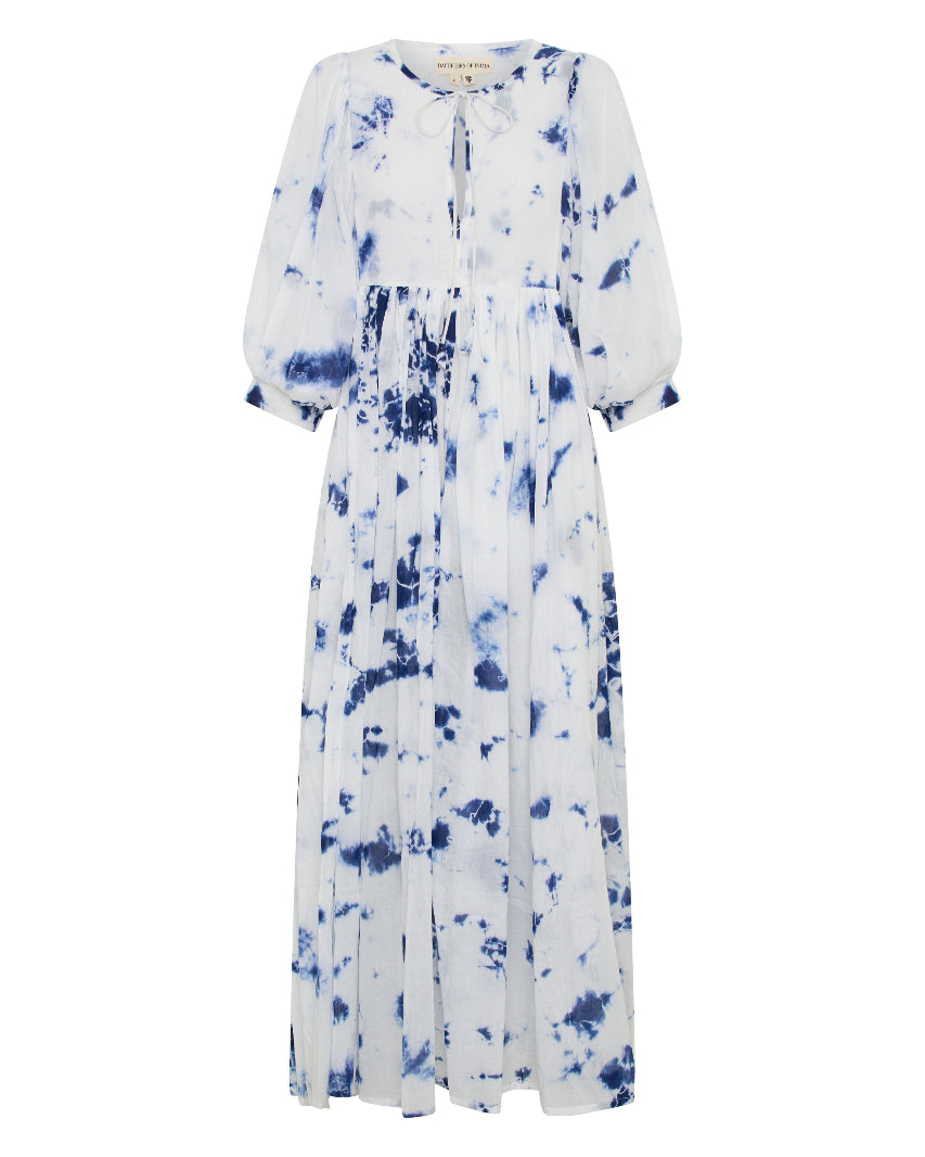 Kyra Maxi Dress Deep Sea — ghost mannequin full length front view, deep sea shibori tie-dye cotton maxi dress with V-neckline, balloon sleeves and tiered skirt, white background | Daughters of India