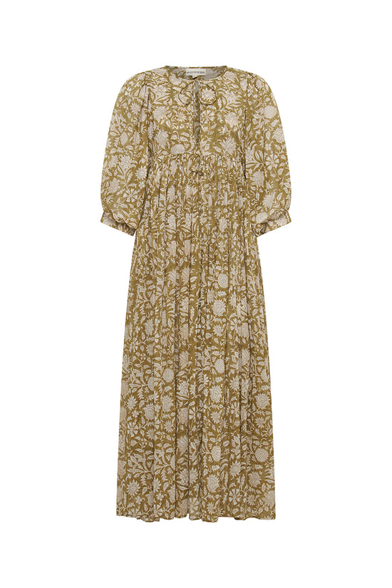 Kyra | Maxi Dress | Olive Floral - Boho Relaxed Fit Balloon-Sleeved Gauze Cotton | Daughters of India Kyra | Maxi Dress | Olive Floral - Boho Relaxed Fit Balloon-Sleeved Gauze Cotton | Daughters of India