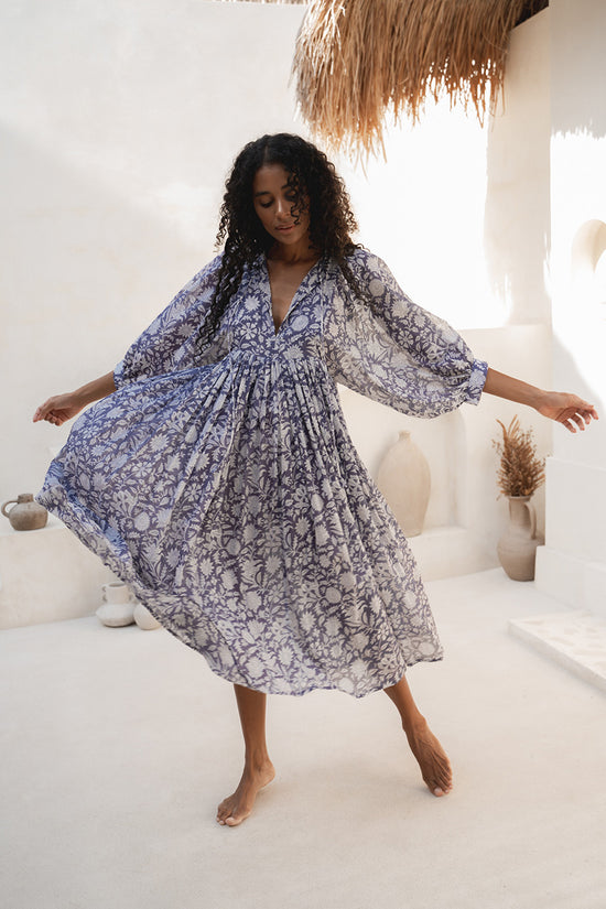 Kyra | Midi Dress | Blue Iris Floral - Boho Relaxed Fit Balloon-Sleeved Gauze Cotton | Daughters of India Kyra | Midi Dress | Blue Iris Floral - Boho Relaxed Fit Balloon-Sleeved Gauze Cotton | Daughters of India