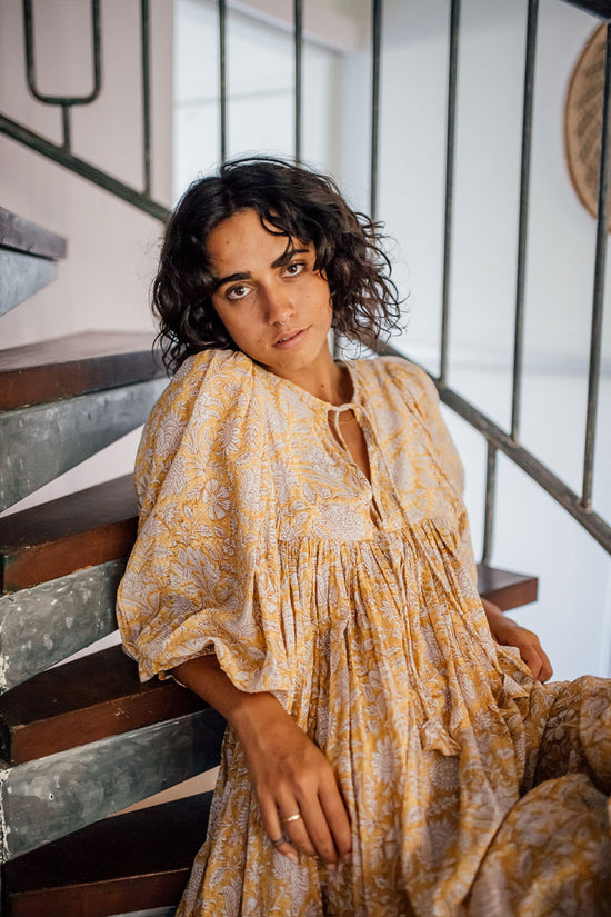 Kyra | Midi Dress | Cumin Earthy Yellow Floral - Boho Relaxed Fit Gauze Cotton
