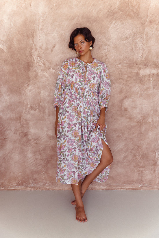 floaty midi dress in block print cotton voile Floaty Midi Dress In Block-print Cotton Voile For Women