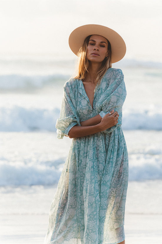 Kyra | Midi Dress | Jade - Boho Balloon Sleeve Gauze Cotton | Daughters of India Kyra | Midi Dress | Jade - Boho Balloon Sleeve Gauze Cotton | Daughters of India