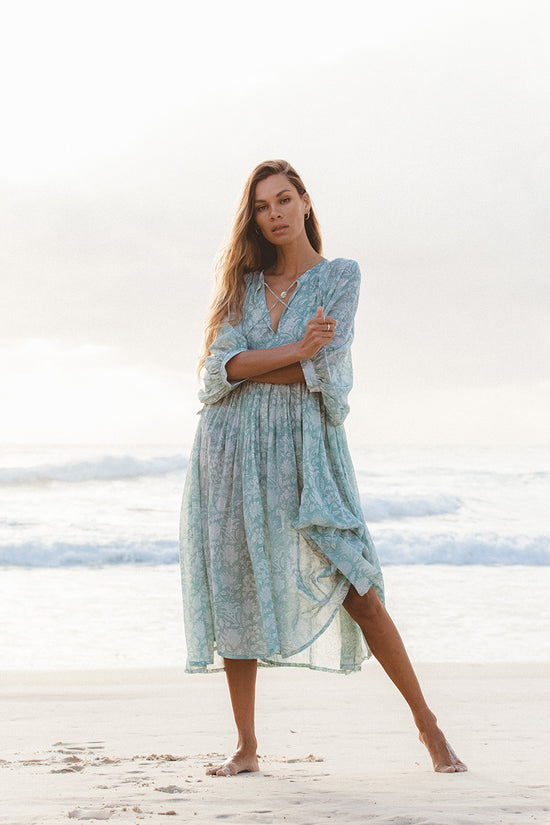 Kyra | Midi Dress | Jade - Boho Balloon Sleeve Gauze Cotton | Daughters of India Kyra | Midi Dress | Jade - Boho Balloon Sleeve Gauze Cotton | Daughters of India