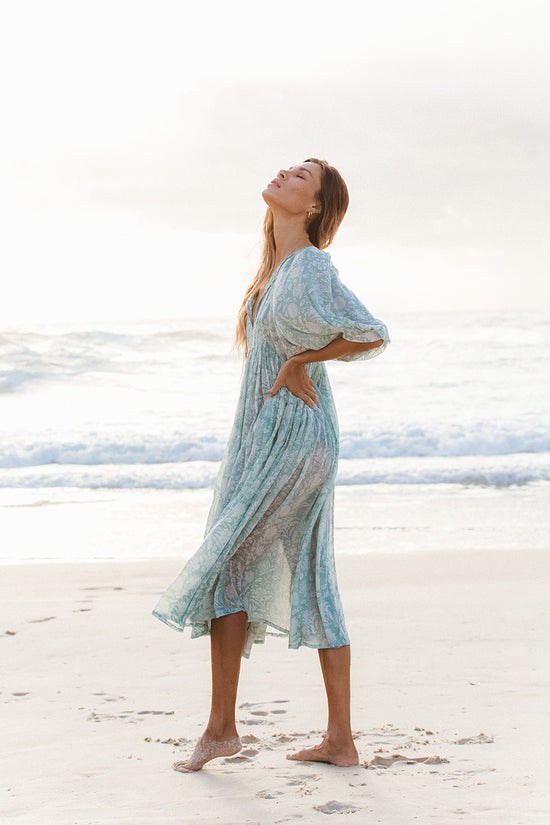 Kyra | Midi Dress | Jade - Boho Balloon Sleeve Gauze Cotton | Daughters of India Kyra | Midi Dress | Jade - Boho Balloon Sleeve Gauze Cotton | Daughters of India