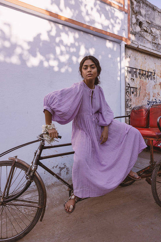Kyra | Midi Dress | Lilac Gauze - Boho Balloon Sleeve Gauze Cotton