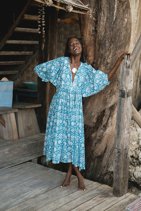 Kyra Midi Dress ~ Ocean Blue | Lightweight Cotton, Artisan Crafted