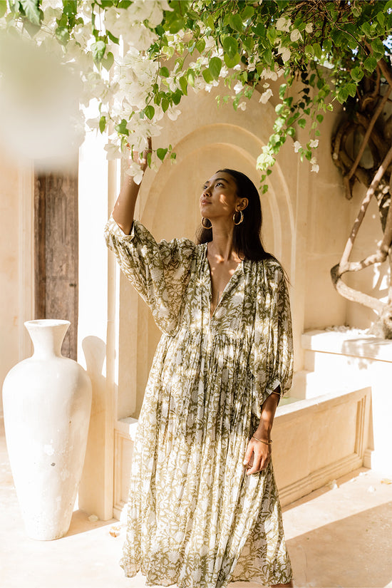 Kyra Midi Dress ~ Olive | Hand Block Printed Cotton Dress – DOI