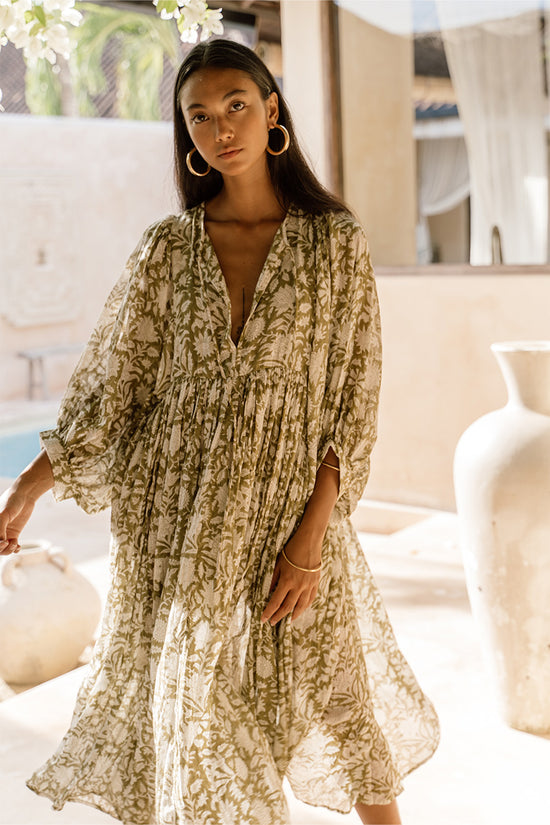 knee length dresses for ladies Kyra Gauze | Midi Dress | Olive Green - Boho Relaxed Fit Cotton
