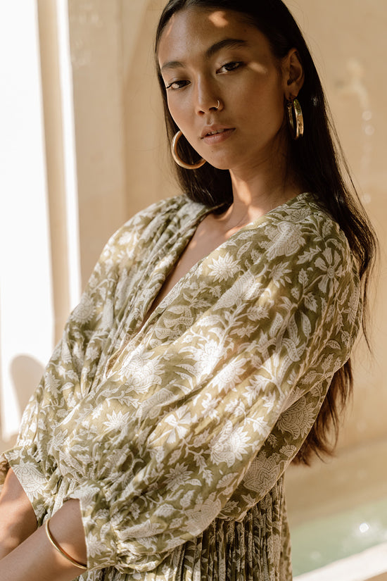 kyra midi dress olive Solid Olive Green Kyra Midi Dress | Bohemian Cotton Dress | Dresses for Women | String Closer Dress | Hand Block Print Dress