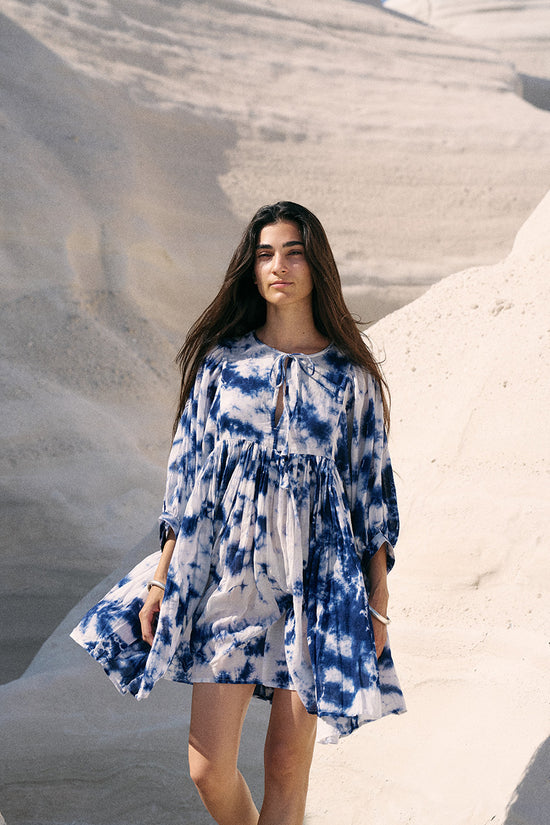 Kyra | Mini Dress | Deep Sea Blue Floral - Boho Relaxed Fit Balloon-Sleeved Gauze Cotton | Daughters Of India Kyra | Mini Dress | Deep Sea Blue Floral - Boho Relaxed Fit Balloon-Sleeved Gauze Cotton | Daughters Of India