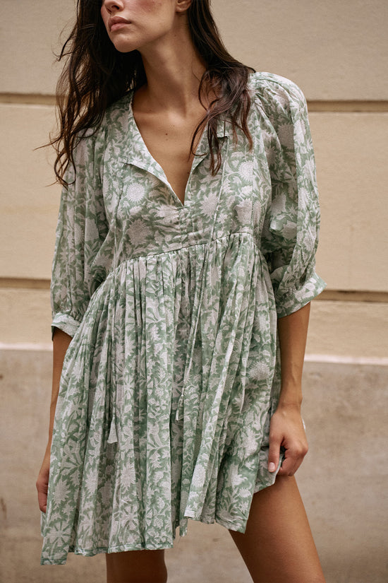 jade cotton dress Kyra | Midi Dress | Jade - Boho Balloon Sleeve Gauze Cotton