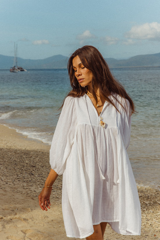 Kyra | Mini Dress | White Gauze - Boho Balloon Sleeve Gauze Cotton | Daughters of India Kyra | Mini Dress | White Gauze - Boho Balloon Sleeve Gauze Cotton | Daughters of India