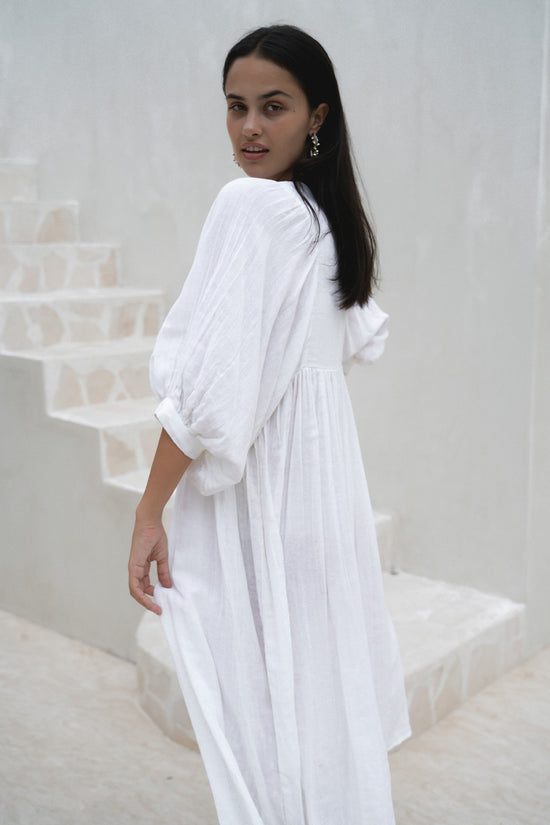 Kyra | Midi Dress | White Gauze - Boho Balloon Sleeve Gauze Cotton Kyra | Midi Dress | White Gauze - Boho Balloon Sleeve Gauze Cotton